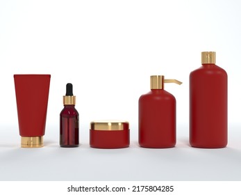 Cosmetic Cream Tube, Jar With Lid, Liquid Soap And Shampoo, Serum Bottle 3D Render On White Background, Different Product Packaging Mock-up