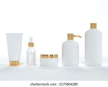 Cosmetic Cream Tube, Jar With Lid, Liquid Soap And Shampoo, Serum Bottle 3D Render On White Background, Different Product Packaging Mock-up