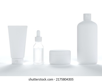 Cosmetic Cream Tube, Jar With Lid, Liquid Soap And Shampoo, Serum Bottle 3D Render On White Background, Different Product Packaging Mock-up