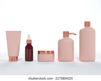 Cosmetic Cream Tube, Jar With Lid, Liquid Soap And Shampoo, Serum Bottle 3D Render On White Background, Different Product Packaging Mock-up