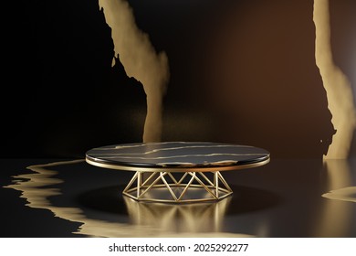 Cosmetic Display Product Stand, Marble Black Gold Cylinder Podium Table With Gold Stand On Black Background. 3D Rendering Illustration