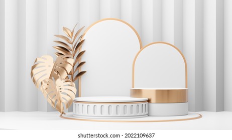 Cosmetic Display Product Stand, Two Roman White Cylinder Podium And Gold Plant Leaf On White Background. 3D Rendering Illustration