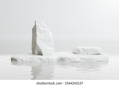 cosmetic display product stand, White stone podium scene on water background. 3D rendering