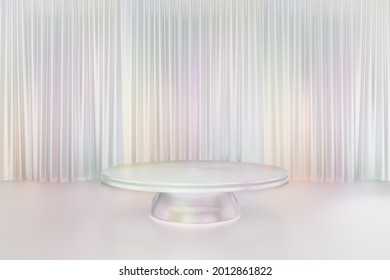 Cosmetic display product stand, White pearl color round cylinder sphere podium reflection colorful on glossy white curtain background. 3D rendering illustration