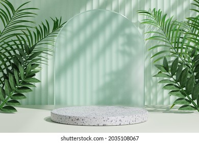 Cosmetic Display Product Stand, White Marble Podium With Circle Glass Wall And Nature Palm Leaf On Light Green Background. 3D Rendering Illustration