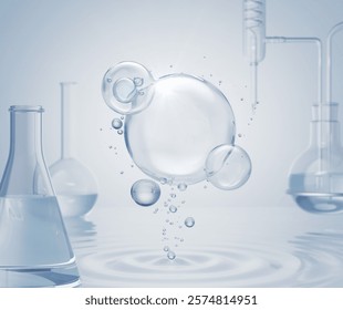 Cosmetic Essence, Liquid bubble with glass flask and cylinder equipment in medical science lab background, 3d rendering
