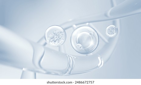 Cosmetic Essence, Liquid bubble, Molecule inside Liquid Bubble on DNA background, 3d rendering