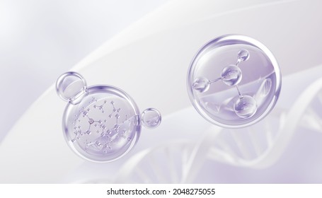 Cosmetic Essence Oil Liquid Bubble With Molecule Background, 3d Rendering.