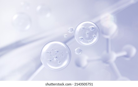 Cosmetic Essence Oil Liquid Bubble With Molecule Background, 3d Rendering.