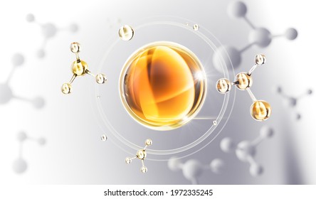 Cosmetic Essence Oil Liquid Drop With Molecule On A White Background, 3d Rendering.