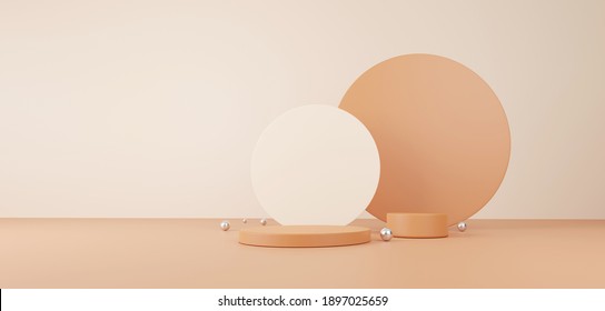 cosmetic and food concept. minimal scene with geometric forms. cylinder podium display and silver ball or mockup for product in pastel colors background. space for text. 3D illustration