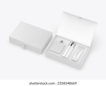 Cosmetic gift set box blank template for branding, 3d illustration.	