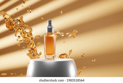 Cosmetic Glass Bottle Spray With Golden Liquid On Podium In Sunlight. Perfume In Splash Water, Face Or Body Oil, Lotion, Essence Or Serum Hair, Beauty Skin Care Product, 3d Illustration Mockup Banner