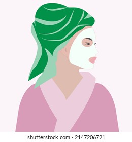 Cosmetic Mask For The Face. - Woman, With A Towel On Her Head, Profile View -  Facial Skin Care Concept.