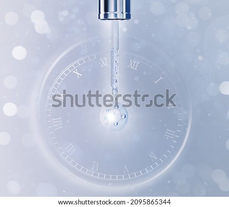 Cosmetic pipette with Cosmetic Essence Serum Liquid drop on a white background with time stop clock, 3d rendering. Imagine de stoc © 