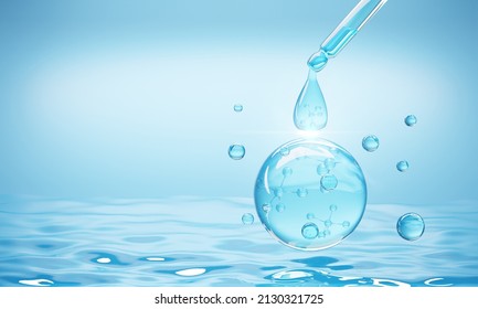 Cosmetic pipette with molecule inside serum liquid drop on water background, 3d rendering