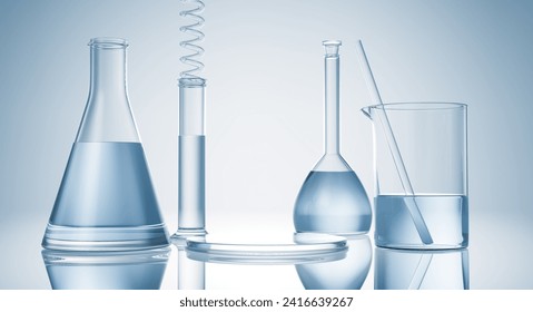 Cosmetic podium display with glass flask and cylinder equipment in medical science lab background, 3d rendering