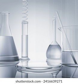 Cosmetic podium display with glass flask and cylinder equipment in medical science lab background, 3d rendering