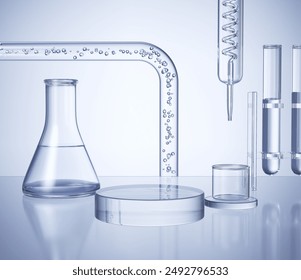 Cosmetic podium display with glass flask and cylinder equipment in medical science lab background, 3d rendering