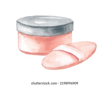 Cosmetic Powder With Sponge. Watercolor Hand Drawn Illustration