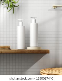 Cosmetic Product Display Bathroom Interior Background. 3d Illustration.