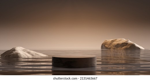 cosmetic product display podium with water reflection and rock on brown background. 3D rendering