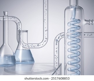 Cosmetic scientific skincare background materials, podium display with glass flask, Laboratory 3d rendering Background. - Powered by Shutterstock