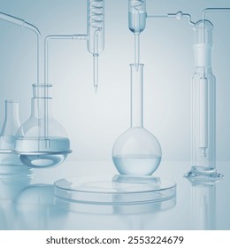 Cosmetic scientific skincare background materials, podium display with glass flask, Laboratory 3d rendering Background.