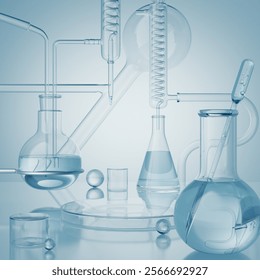 Cosmetic scientific skincare background materials, podium display with glass flask, Laboratory 3d rendering Background.