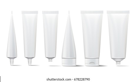 Cosmetic Tube Set. Mock Up. Cosmetic, Cream, Tooth Paste, Glue White Plastic Tubes Open And Closed Set Packaging Realistic Illustration. Isolated 