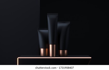 Cosmetic Tubes Mock Up Set. Cosmetic Packaging Tube. Make Up Blank Face Cream Tube. Trendy Black Gold Realistic Beauty Products On Dark Background. Skin Or Hair Care. 3d Rendering.