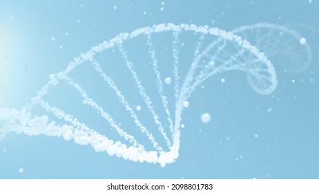 Cosmetic water bubble DNA and mRNA background with cell droplets and copy space. Full-Frame macro light blue and white concept 3D illustration of transparent helix as beauty care and science display.