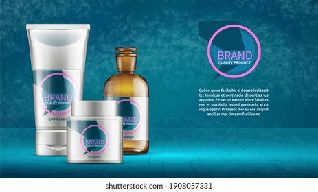 Cosmetics Background. Beauty Cosmetic Background With Product Bottles Tubes. Reallistic Packaging Mockups