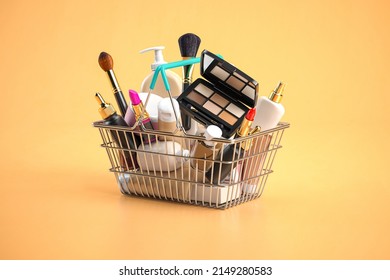 Cosmetics, Beauty And Make Up Products In Shopping Basket.  Cosmetics Sales And Purchasing Online Concept. 3d Illustration