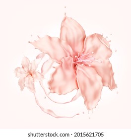 Cosmetics, Beauty Makeup: Liquid Foundation Splash In Flower Form, Pink Background. Nude Tone Cream Texture Fluid Flow. Moisturizer, Concealer, Foundation Base Make Up, Facial Skin Care Cosmetic, 3D