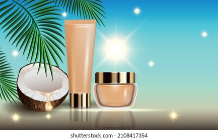 Cosmetics Beauty Marine Summer Series, Premium Coconut Oil Cream For Suntan And Skin Care. Template For Design Posters, Placards, Ads, Banners, Raster Illustration. 