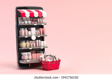 Cosmetics And Beauty Products Buying Online Concept. Shopping Basket With Makeup Products And Mobile Phone As Shelf Full Of Cosmetics On Pink Background. 3d Illustration