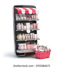 Cosmetics And Beauty Products Buying Online Concept. Shopping Basket With Makeup Products And Mobile Phone With Shelves. 3d Illustration