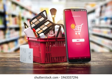 Cosmetics And Beauty Products Buying Online Concept. Shopping Basket With Makeup Products And Mobile Phone On Shelf Of Cosmaetics Shop. 3d Illustration