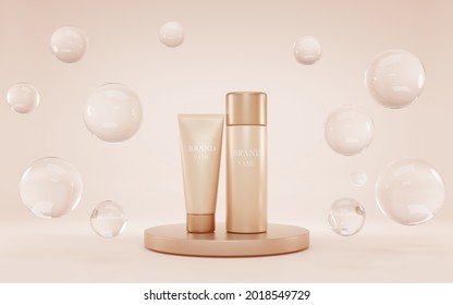 Cosmetics Bottles On Podium With Clear Water Drops On Beige Background Mock Up Banner. Make Up Skin Foundation Tubes Or Bb-cream On Gold Round Stage, Product Ad Display. Realistic 3d Illustration