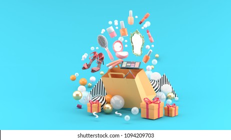 Cosmetics And High Heels Shoes Float Out Of The Bag Amid Colorful Balls On The Blue Background.-3d Render.
