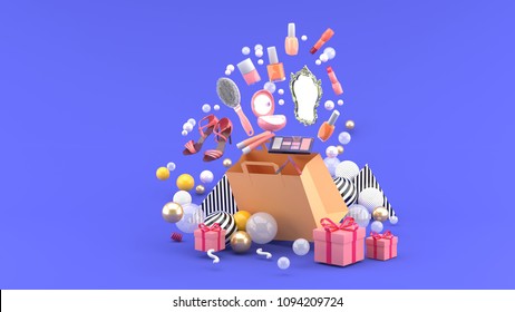 Cosmetics And High Heels Shoes Float Out Of The Bag Amid Colorful Balls On The Purple Background.-3d Render.
