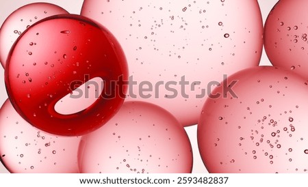 Cosmetics red serum liquid bubbles 3d abstract background. Cosmetic moisturizer essence gel. Collagen fluid bubble molecule. Moisturizing cream or oil, beauty skin concept.