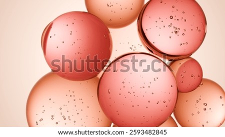 Cosmetics red serum liquid bubbles 3d abstract background. Cosmetic moisturizer essence gel. Collagen fluid bubble molecule. Moisturizing cream or oil, beauty skin concept.