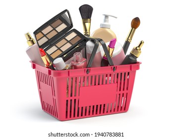 Cosmetics In Shopping Basket Isolated On White. Beauty And Make Up Products Sale And Purchasing Online Concept. 3d Illustration