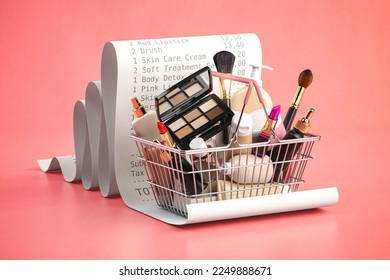 Cosmetics in shopping basket on a receipt on pink background.  Beauty and make up products sale and purchasing online concept. 3d illustration - Powered by Shutterstock