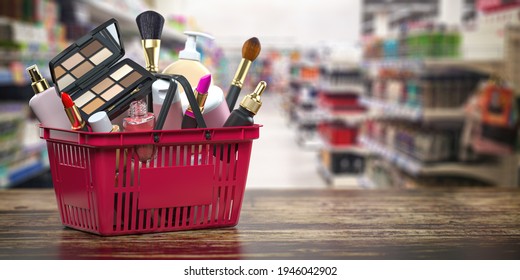 Cosmetics In Shopping Basket On Shelf In Shop. Beauty And Make Up Products Sale And Purchasing Online Concept. 3d Illustration
