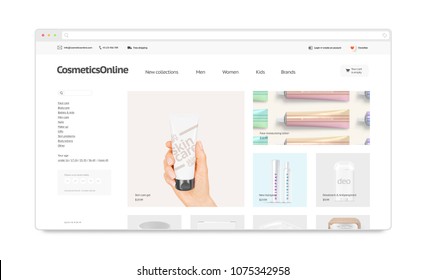 Cosmetics Webstore Site Template Mock Up Isolated, 3d Illustration. Makeup Web Page Interface Mockup. Cosmetology Internet Website Template. Web Store Screen Layout For Computer Display.