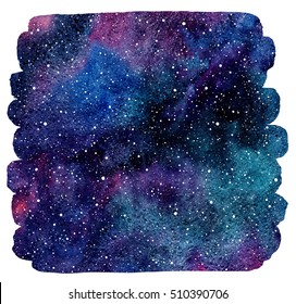 Cosmic background. Colorful watercolor galaxy or night sky with stars. Hand drawn cosmos illustration with blobs texture. Watercolor brush stroke with uneven edges. Black, emerald, violet stains. 