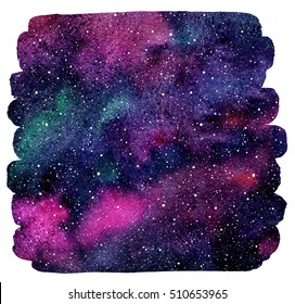 Cosmic background. Colorful watercolor galaxy or night sky with stars. Hand drawn cosmos illustration with blobs texture. Watercolor brush stroke with uneven edges. Emerald, pink, violet stains. 